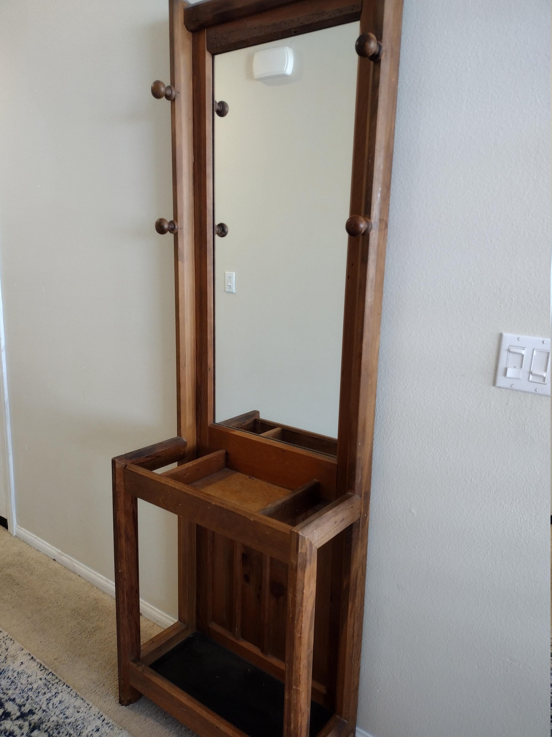 Vintage 1950s Hall Tree Wooden and Mirror Entryway Hat Rack Etsy
