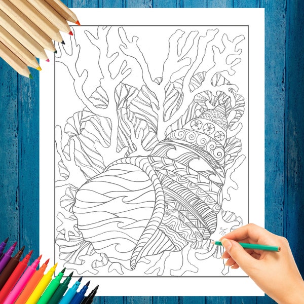 Sea Shell Coloring Page - Original Hand Drawn Design by Elisa Fasulo - Digital Download