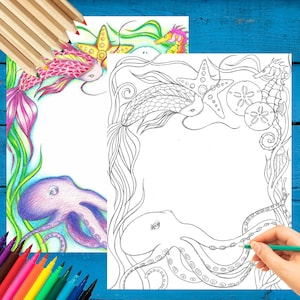 Octopus Coloring Page - Original Hand Drawn Design by Elisa Fasulo - Digital Download