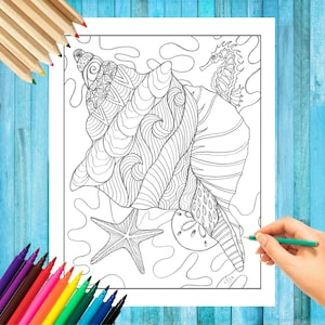 Puede incluir: Una página para colorear en blanco y negro con una concha, una estrella de mar y un caballito de mar. La concha está intrincadamente detallada con olas y espirales. La estrella de mar tiene cinco puntas y el caballito de mar tiene una cola larga y curvada.