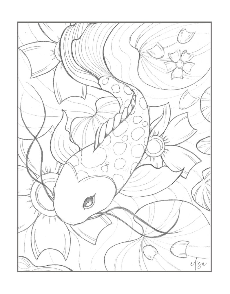 Koi Fish Coloring Page - Original Hand Drawn Design by Elisa Fasulo ...