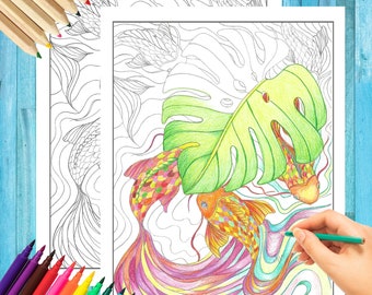 Koi Fish & Monstera Leaf Coloring Page - Original Hand Drawn Design by Elisa Fasulo - Digital Download