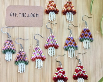 Fantasy Floral Mushrooms Seed Bead Earrings - Handmade Beaded Earrings - Forrestcore Earrings