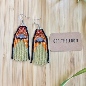 Small Celestial UFO Seed Bead Fringe Earrings; Halloween Edition - Handmade Beaded Earrings - Alien Earrings - Space Earrings