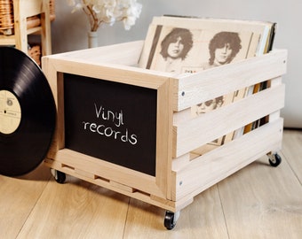 Caisse en Bois pour Vinyles avec Tableau Noir | 46 x 36 x 29 cm | 2 Variantes | Bac Boîte Vintage de Rangement | 80 Disques | Coffre Coffret