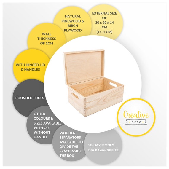 Caja de almacenamiento con asas, madera, caja rectangular decorativa,  almacenaje documentos, juguetes, herramientas, comida, rop