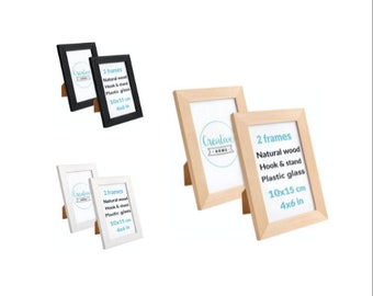 2 x Photo Picture Frame Wooden Set | 10 x 15 cm | 3 Colours | 4 x 7 in | Stand & Hooks for Hanging Horizontally and Vertically | Glass