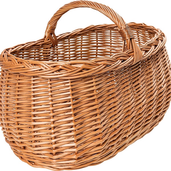 Cesta de Mimbre Grande con Asa y Trenza | 45 x 32 x 34 cm | 2 Colores | para Compra Regalo Picnic Plantas Decoración | Tejida a Mano