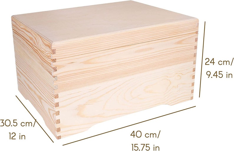 XXL Grande Coffre Boite Rangement en Bois 40 x 30,5 x 24 cm avec Couvercle et sans Poignées Plain, Non-Peint et Non-Fini image 3