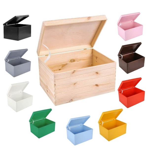 XXL Große Natur Holz-Kiste mit Deckel | 40x30x24cm | 10 Farben | Erinnerungsbox | Holz-Box Unlackiert Kasten | Griffen | Hochzeitsgeschenk