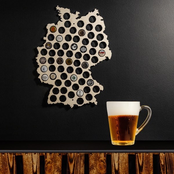 Porta Tappi di Birra in Legno | 32,5x44x0,5cm - 64 Tappi | Mappa Porta Tappi Germania | 64 Tappi di Birra | Festa Gli Amanti della Birra