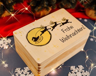 Caja de Almacenamiento de Madera Navideña Personalizada | Trineo de Navidad | 4 Variantes | Tapa | Caja de Recuerdos de Regalo Sin Pintar