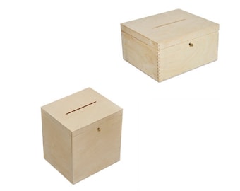 Lockable Wooden Wedding Card Box | 2 Sizes | Unpainted Plain Storage Box with Lid | Keepsake Memory Trinket Chest for Letters