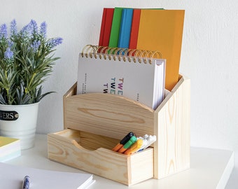 Schreibtisch Organizer | 2 Fächer mit Schublade | 25 x 10 x 20,5 cm (+/- 1 cm) | Briefablage Holz Briefkiste Organisation Dokumentenablage