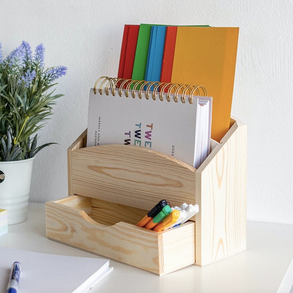 Schreibtisch Organizer | 2 Fächer mit Schublade | 25 x 10 x 20,5 cm (+/- 1 cm) | Briefablage Holz Briefkiste Organisation Dokumentenablage