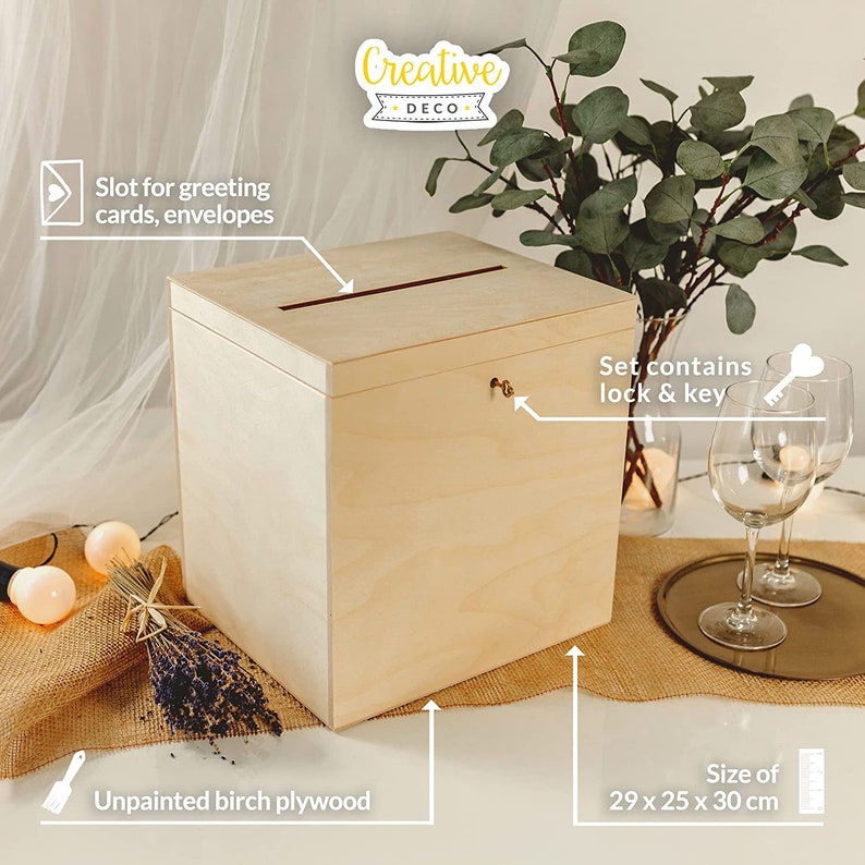 Holzkiste mit Deckel Kartenbox Hochzeit 2 Größen 2 Farben Hochzeitsgeschenk Holzbox mit Schlitz, Schloss und Schlüssel Geschenkkarten Bild 5