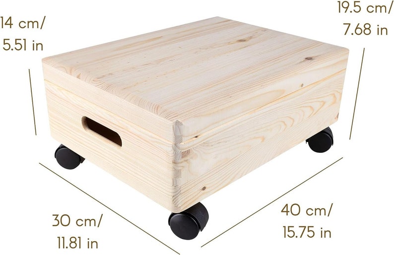 Große Holzkiste mit Deckel und Rollen 2 Größen Holztruhe Erinnerungsbox Holzbox mit Deckel und Griffen ROH & UNGESCHLIFFEN XL | 40x30x14 cm