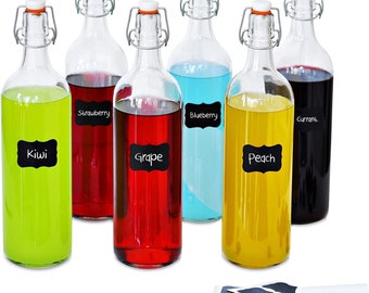 6 x Glass Bottle Set | 6 x 1L | Airtight Clip Top Stopper Lid | 8 Reusable Stickers & 1 Anti-Dust Chalk