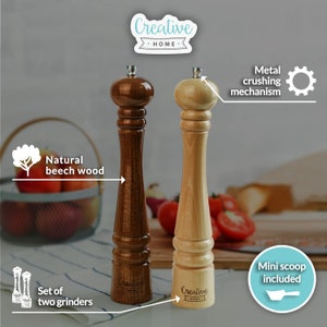 Große Salz-Mühle und Pfeffer-Mühle aus Buchen-Holz 3 Varianten Höhe 18 cm oder 31,5 cm Set von 2 Mühlen mit Mini-Holzschaufel Bild 3