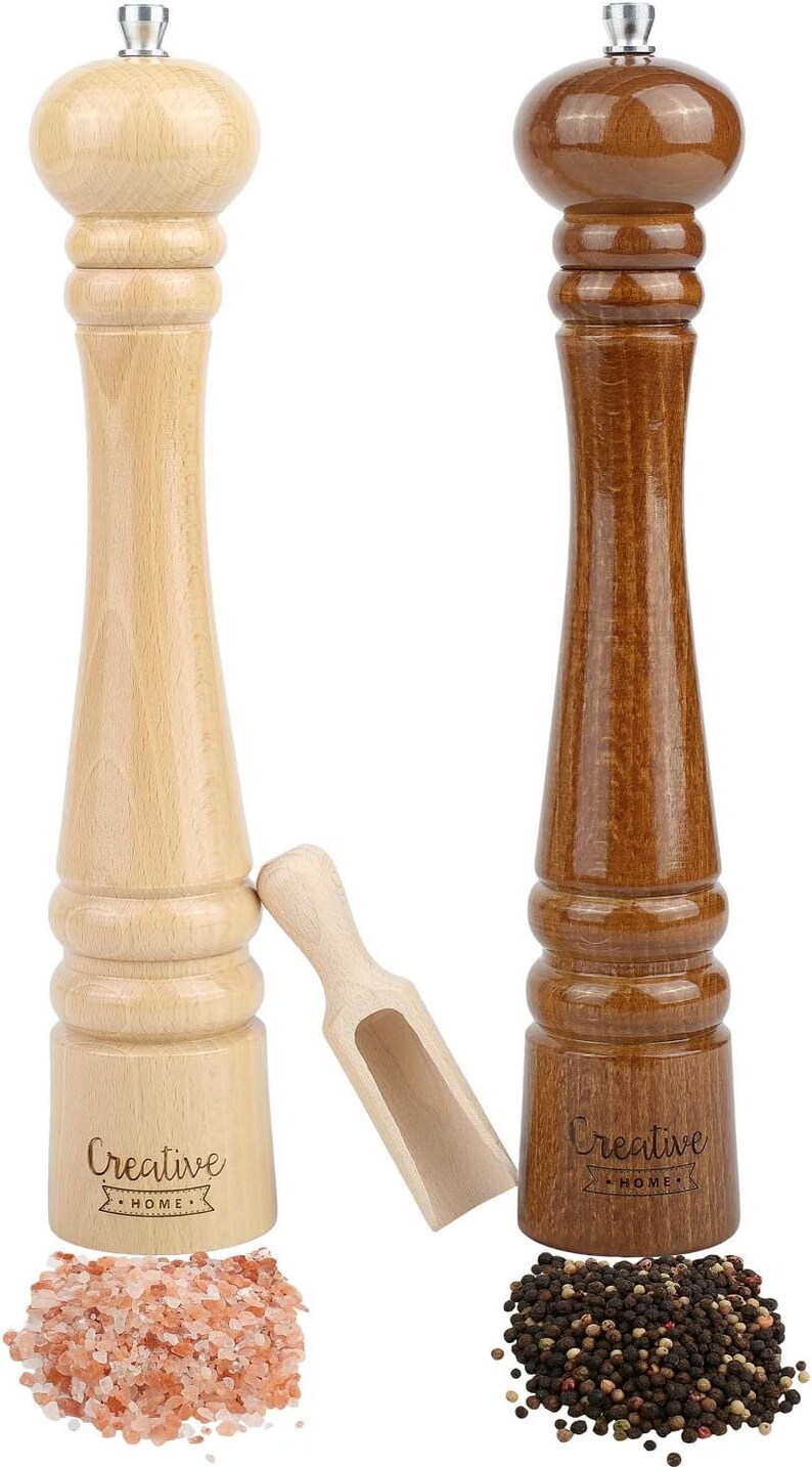 Große Salz-Mühle und Pfeffer-Mühle aus Buchen-Holz 3 Varianten Höhe 18 cm oder 31,5 cm Set von 2 Mühlen mit Mini-Holzschaufel Large | Brown Beige