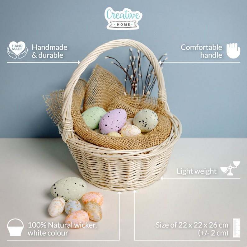 Small Easter Basket Wicker Basket 6 Variants Easter Egg Basket Natural Brown Wicker Lightweight & Handwoven 22x22x26cm | White