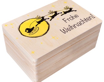 Caja de Almacenamiento de Madera Navideña Personalizada | Trineo de Navidad | 4 Variantes | Tapa | Caja de Recuerdos de Regalo Sin Pintar