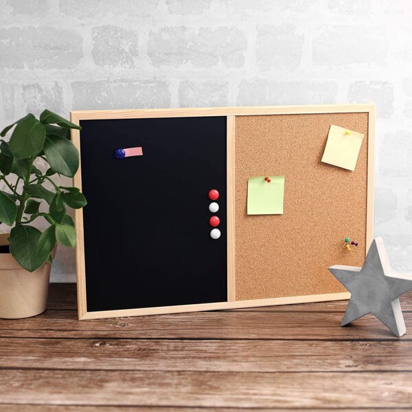 Tableau Liege, Magnetique et Craie Noir Ardoise | 2 Tailles | Cadre de Pin | Eponge Aimants Craie Epingles Incluses