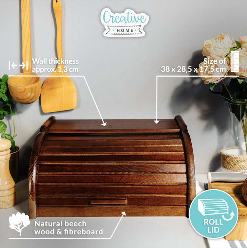 Wooden Bread Bin 5 Colours 38 x 28.5 x 17.5 cm Natural Beech Wood Container with Roll-Top Bread Box Storage for Every Kitchen Brown