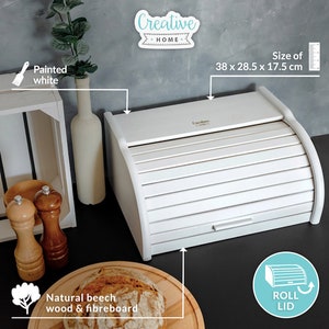 Wooden Bread Bin 5 Colours 38 x 28.5 x 17.5 cm Natural Beech Wood Container with Roll-Top Bread Box Storage for Every Kitchen White