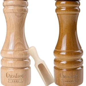 Große Salz-Mühle und Pfeffer-Mühle aus Buchen-Holz 3 Varianten Höhe 18 cm oder 31,5 cm Set von 2 Mühlen mit Mini-Holzschaufel Medium | Brown Beige