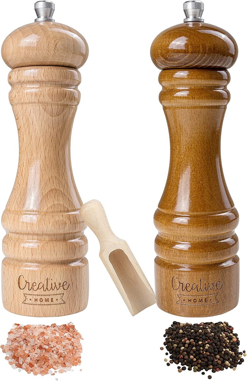 Große Salz-Mühle und Pfeffer-Mühle aus Buchen-Holz 3 Varianten Höhe 18 cm oder 31,5 cm Set von 2 Mühlen mit Mini-Holzschaufel Medium | Brown Beige