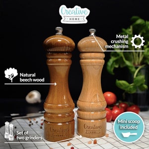 Große Salz-Mühle und Pfeffer-Mühle aus Buchen-Holz 3 Varianten Höhe 18 cm oder 31,5 cm Set von 2 Mühlen mit Mini-Holzschaufel Bild 5