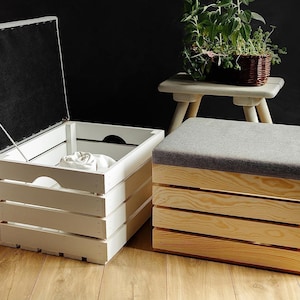 Upholstered Chest With Grey Seat Ottoman | 50 x 40 x 35 cm | Storage Bench Storage Box | Wooden Chest | Natural Wood Wooden Seat Storage Box