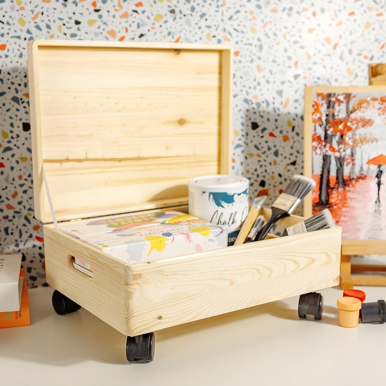 Große Holzkiste mit Deckel und Rollen 2 Größen Holztruhe Erinnerungsbox Holzbox mit Deckel und Griffen ROH & UNGESCHLIFFEN Bild 5