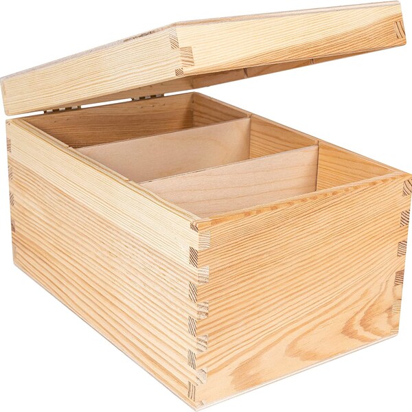 Wooden Storage Box for CD & DVD | 16 x 24 x 14 cm | 3 Compartments | Plain, Unfinished, Unpainted with Lid