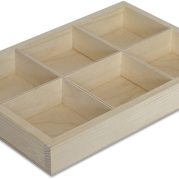 Setzkasten Sammelbox Holz | 6 Fächer | 27,5 x 18 x 4 cm (+/- 0,5 cm) | Holztablett Bemalen Holz Sortierung Speicherregal Box Drucker