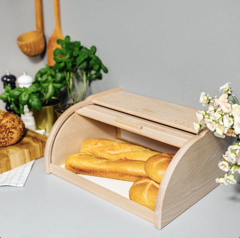 Wooden Bread Bin 5 Colours 38 x 28.5 x 17.5 cm Natural Beech Wood Container with Roll-Top Bread Box Storage for Every Kitchen image 9