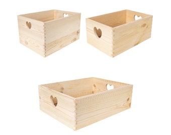 Caisse en Bois avec Poignées en Cœur | 3 Variantes | Boîte de Rangement | Boite non Peinte | Bois Naturel Beige