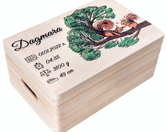Personalised Large Wooden Storage Box | Squirrel Motive Engraving | 30 x 20 x 14 cm | with Lid | Unpainted Gift Memory Box