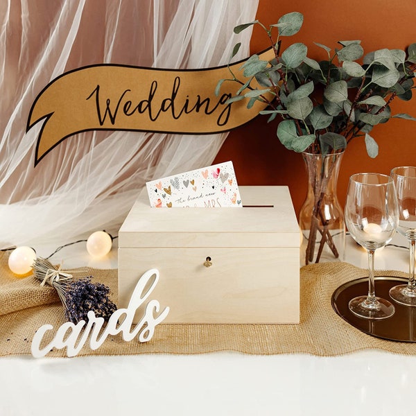 Afsluitbare houten trouwkaartendoos | Ongeverfde gewone opbergdoos met deksel | Huwelijkscadeau Memory Snuisterijkistje voor brieven