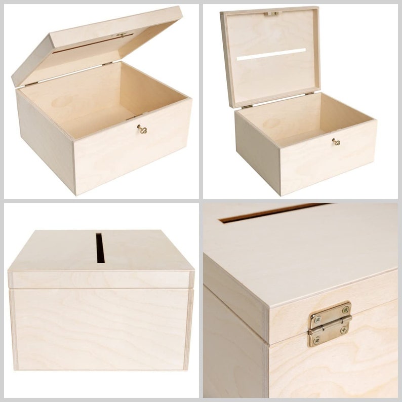 Holzkiste mit Deckel Kartenbox Hochzeit Hochzeitsgeschenk Holzbox mit Schlitz, Schloss und Schlüssel Geschenkkarten Box Geldbox Bild 5