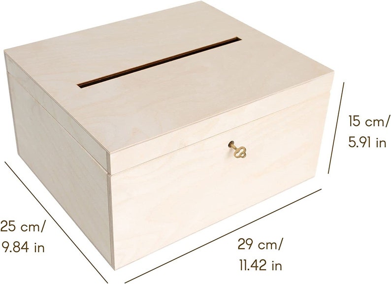 Holzkiste mit Deckel Kartenbox Hochzeit Hochzeitsgeschenk Holzbox mit Schlitz, Schloss und Schlüssel Geschenkkarten Box Geldbox Bild 3