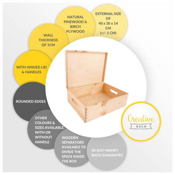 XL Grande Caja Madera Decorativa con Tapa y Asas 40 x 30 x 13 cm 10 Colores  Almacenaje Documentos, Juguetes Regalo de Boda -  México