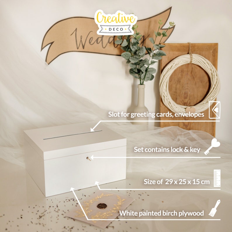 Holzkiste mit Deckel Kartenbox Hochzeit 2 Größen 2 Farben Hochzeitsgeschenk Holzbox mit Schlitz, Schloss und Schlüssel Geschenkkarten Small | White