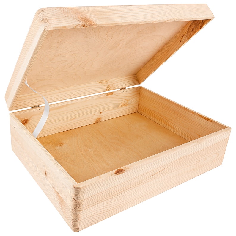 XL gewone houten opbergdoos 40 x 30 x 14cm met deksel Huwelijksgeschenkdoos RUWE & ONGESCHUURDE houten aandenkenkist afbeelding 3