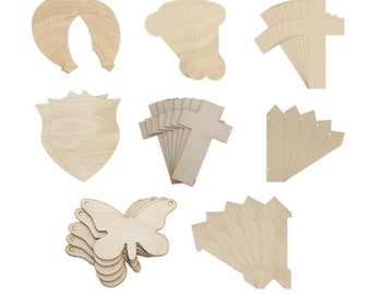 Wooden Shapes Plywood Cutouts | 8 Variants | Plain Unpainted Blank Plaques Ornament Tags to Hang & Decorate for DIY Projects