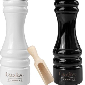 Große Salz-Mühle und Pfeffer-Mühle aus Buchen-Holz 3 Varianten Höhe 18 cm oder 31,5 cm Set von 2 Mühlen mit Mini-Holzschaufel Medium | Black White