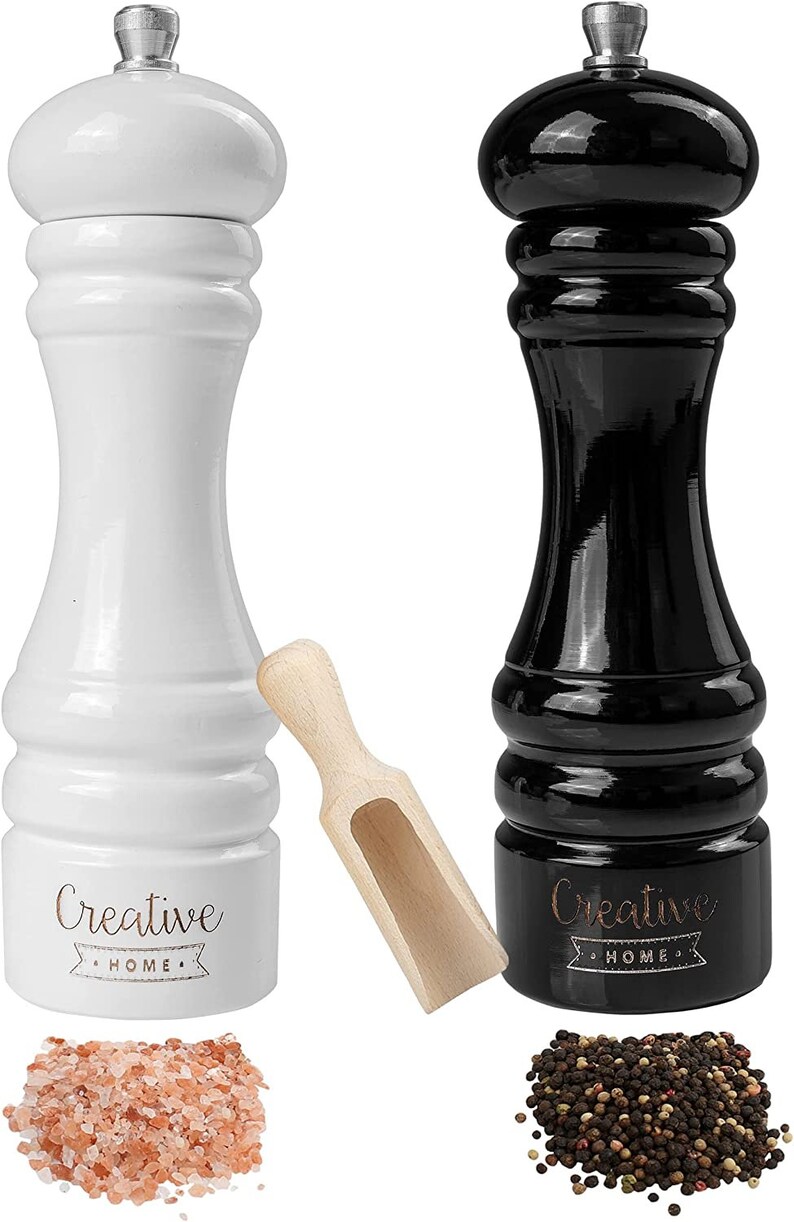 Große Salz-Mühle und Pfeffer-Mühle aus Buchen-Holz 3 Varianten Höhe 18 cm oder 31,5 cm Set von 2 Mühlen mit Mini-Holzschaufel Medium | Black White