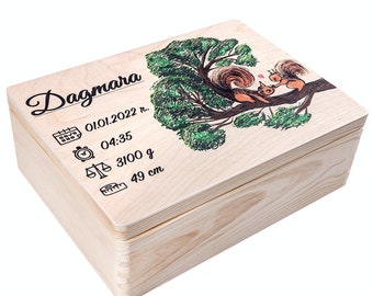 Personalisierte Große Schlichte Aufbewahrungsbox aus Holz | Eichhörnchen-Motiv | Deckel | 30x20x14cm | Unlackierte Geschenk-Erinnerungsbox