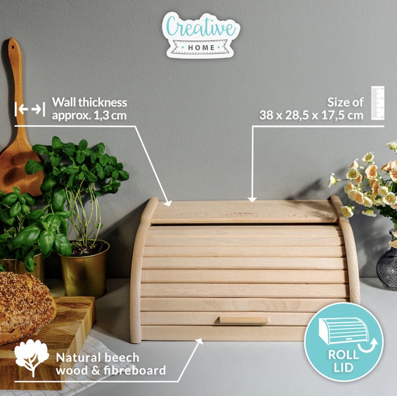 Wooden Bread Bin 5 Colours 38 x 28.5 x 17.5 cm Natural Beech Wood Container with Roll-Top Bread Box Storage for Every Kitchen Unpainted